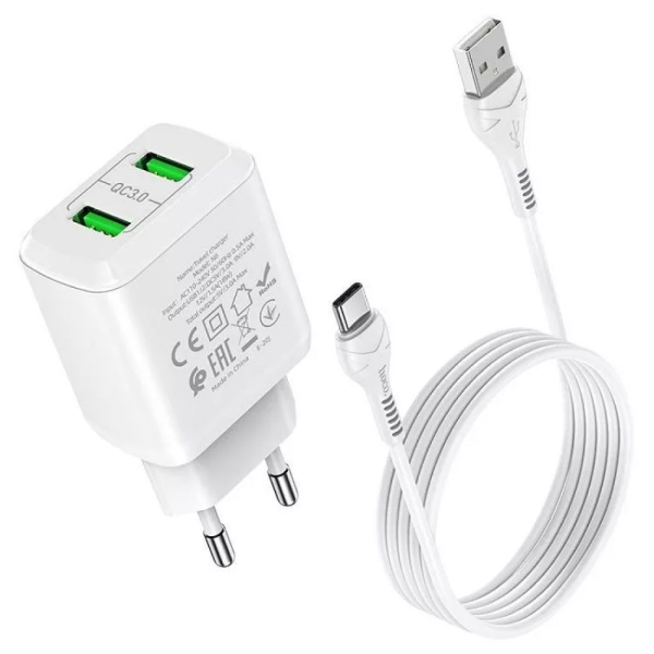 СЗУ HOCO N6 2xUSB-A QC3.0 + кабель USB-A - USB-C, белое
